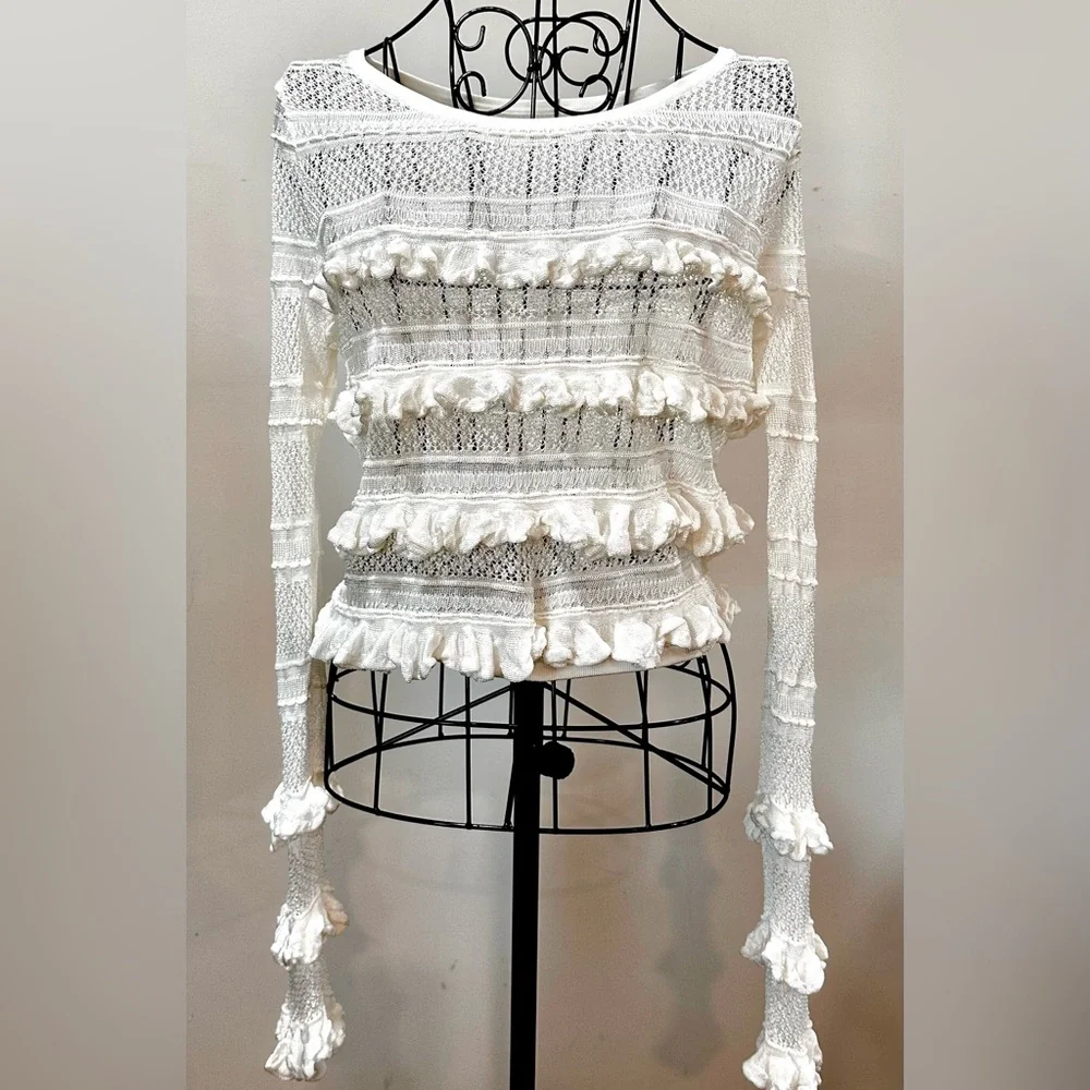 ANTHROPOLOGIE WHITE RUFFLE CROCHET KNIT CROPPED SWEATER TOP. Size MEDIUM. - Picture 3 of 11